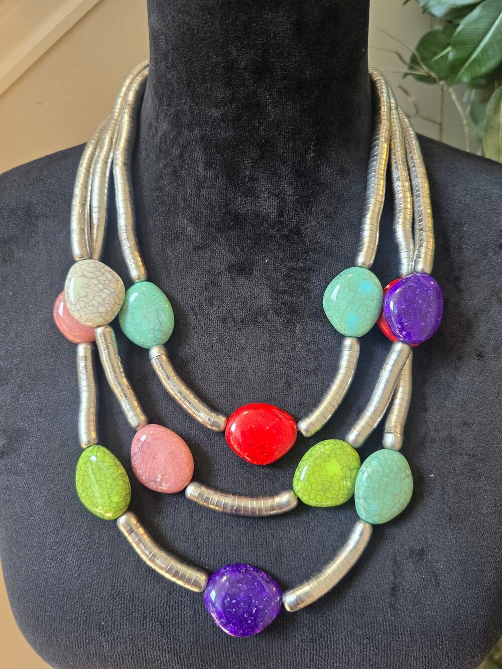 Multicolor Oval Stone Multi Strand Statement Necklace